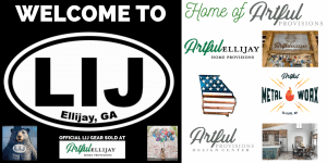 Artful Provisions welcome to LIJ web banner featuring Jay the Bear with his LIJ sticker on, the what lifts you mural and the Artful Provisions family of small businesses logos: Artful Ellijay, Artful MetalWorx and Artful Provisions Design Center