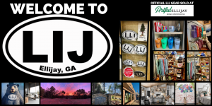 Artful Provisions welcome to LIJ web banner featuring Jay the Bear with his LIJ sticker on, the what lifts you mural and the Artful Provisions family of small businesses logos: Artful Ellijay, Artful MetalWorx and Artful Provisions Design Center